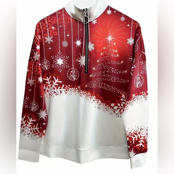 NEW Women’s M Red White 1/2 Zip Stand Collar Snow Holiday Christmas Sweatshirt - Picture 2 of 14